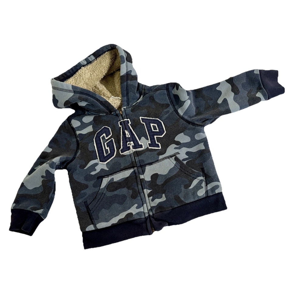 Gap Sherpa Lined Logo Hoodie Boys Blue Camouflage Full Zip 3 YR Sweatshirt Cozy
